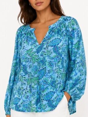 J. JILL Blue & Green Floral V-Neck Peasant Cotton Blouse Size XL